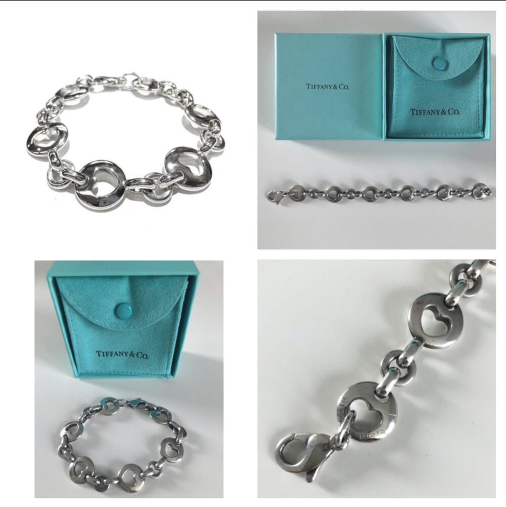 Tiffany & Co. Authentic Stencil Heart Link 925 Silver Bracelet Retired Design